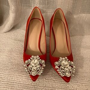 Beautiful red silk pumps with rhinestones
